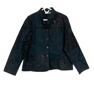 Chico’s Black Floral Embroidered Bead Appliqué Button Up Jacket